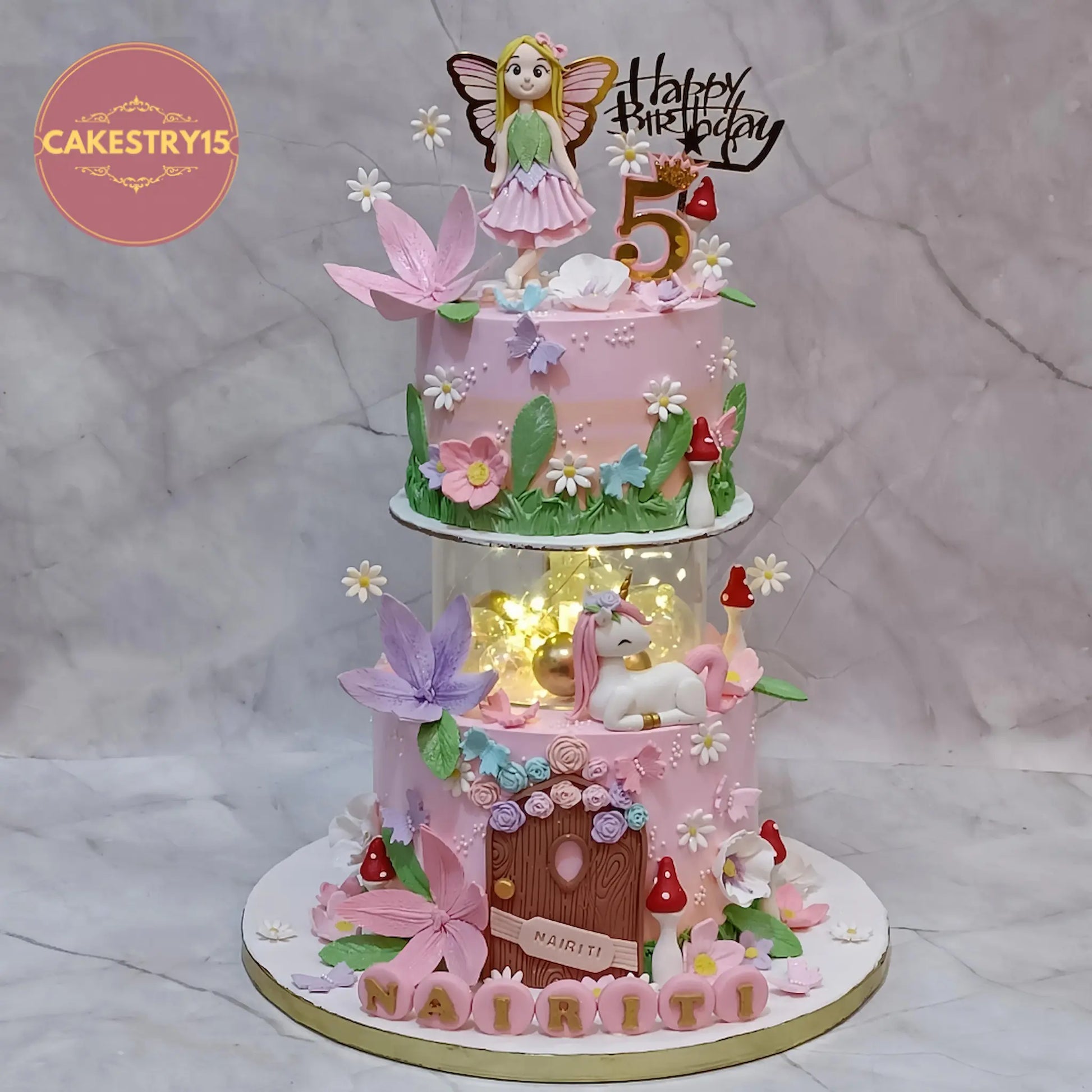 Fairy unicorn theme fifth birthday cake with chocolate flavour, eggless custom cake for kids by Cakestry15 in Noida
