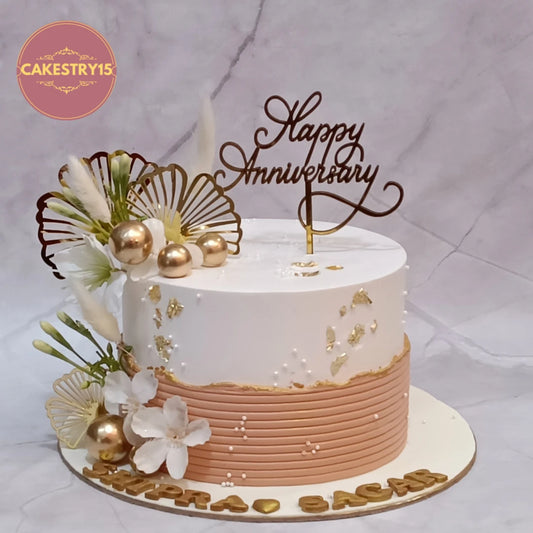 Elegant eggless anniversary cake featuring floral details and fault line design, handcrafted as a premium custom cake in Noida.