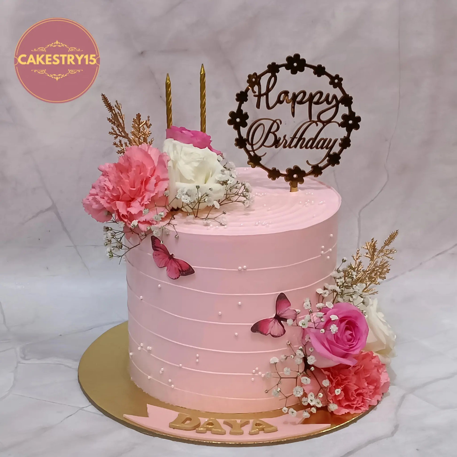 Floral theme eggless pineapple birthday cake with fresh roses and butterflies by Cakestry15 in Noida