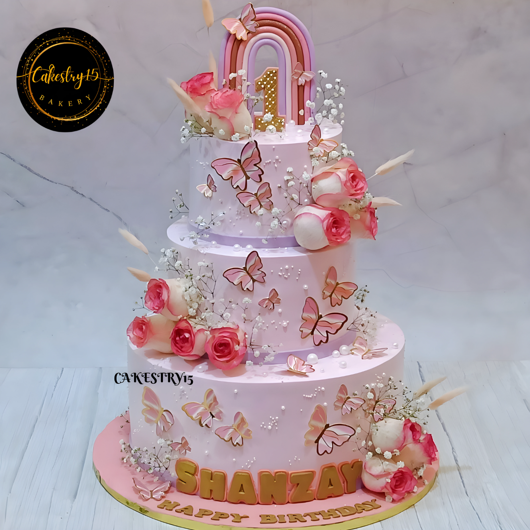  floral butterfly theme 8kg size 3tier chocolate butterscotch flavor 1st birthday cake,full image