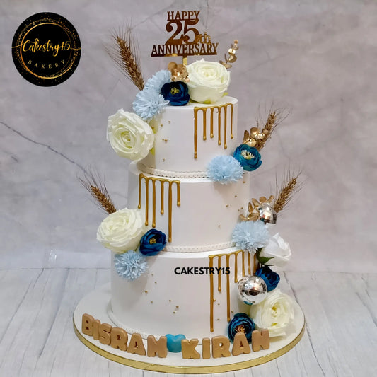 7kg chocolate 3-tier floral anniversary cake with gold drip and fondant names from Cakestry15

