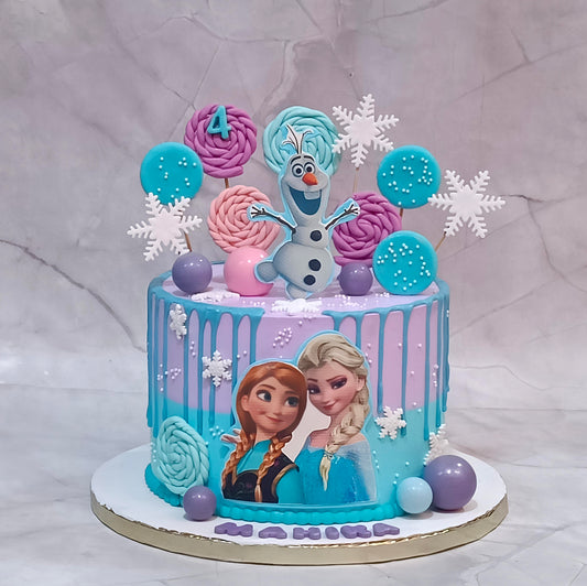 Custom Frozen princess kids birthday cake with edible princess images, fondant candy swirls, age 4 tag and faux balls.