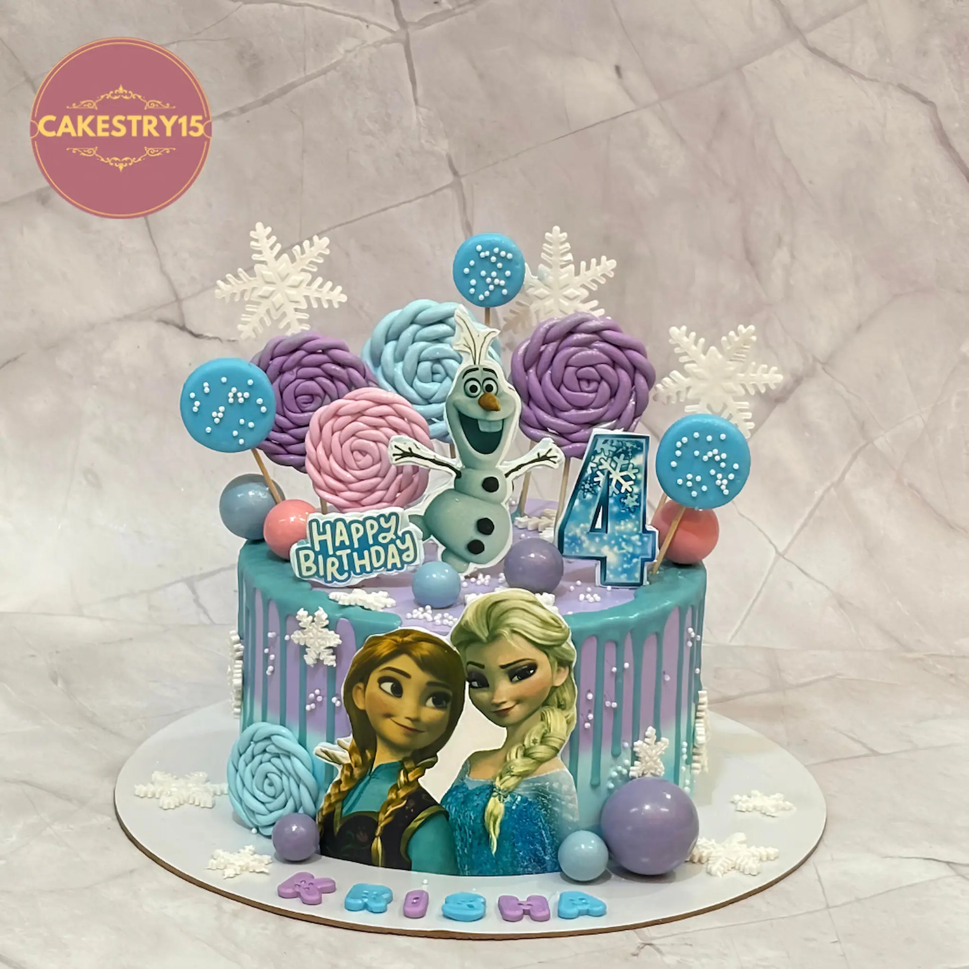Frozen theme eggless chocolate kids birthday cake with princess design for a 4th birthday in Noida by cakestry15