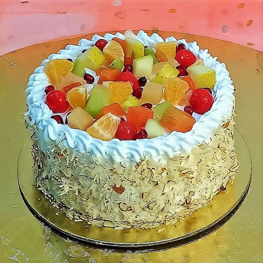 Fruity Bliss 3kg mix fruit cake layered with whipped cream and topped with fruits and almond flakes