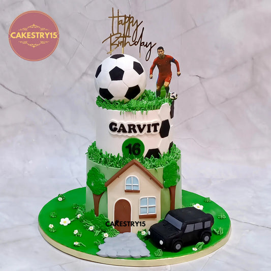 3kg choco vanilla football and housewarming theme cake for Garvit’s 16th birthday from Cakestry15