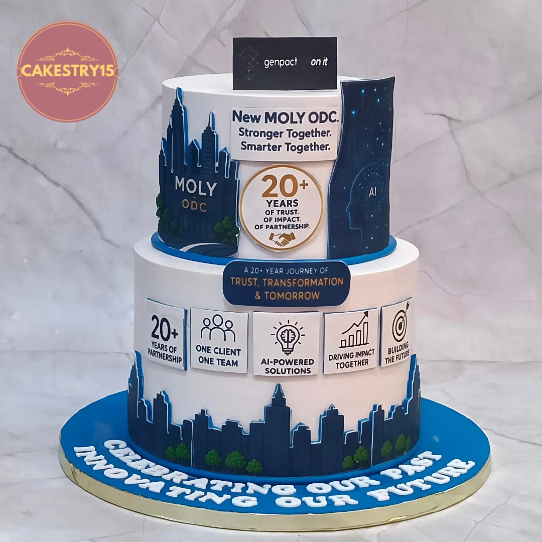 Genpact Moly ODC opening corporate celebration cake in Noida with AI-inspired imagery, edible taglines, building details and an eggless cake design.