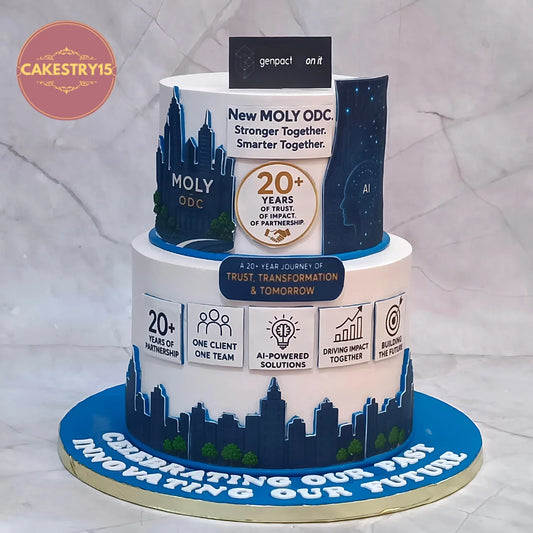 Genpact Moly ODC opening corporate celebration cake in Noida with AI-inspired imagery, edible taglines, building details and an eggless cake design.