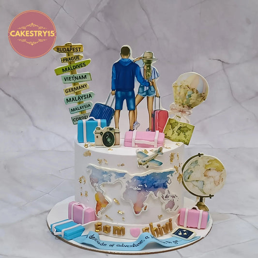 Globe trotter theme anniversary cake with edible couple image, world map, aeroplane and travel elements, eggless custom cake Noida by cakestry15