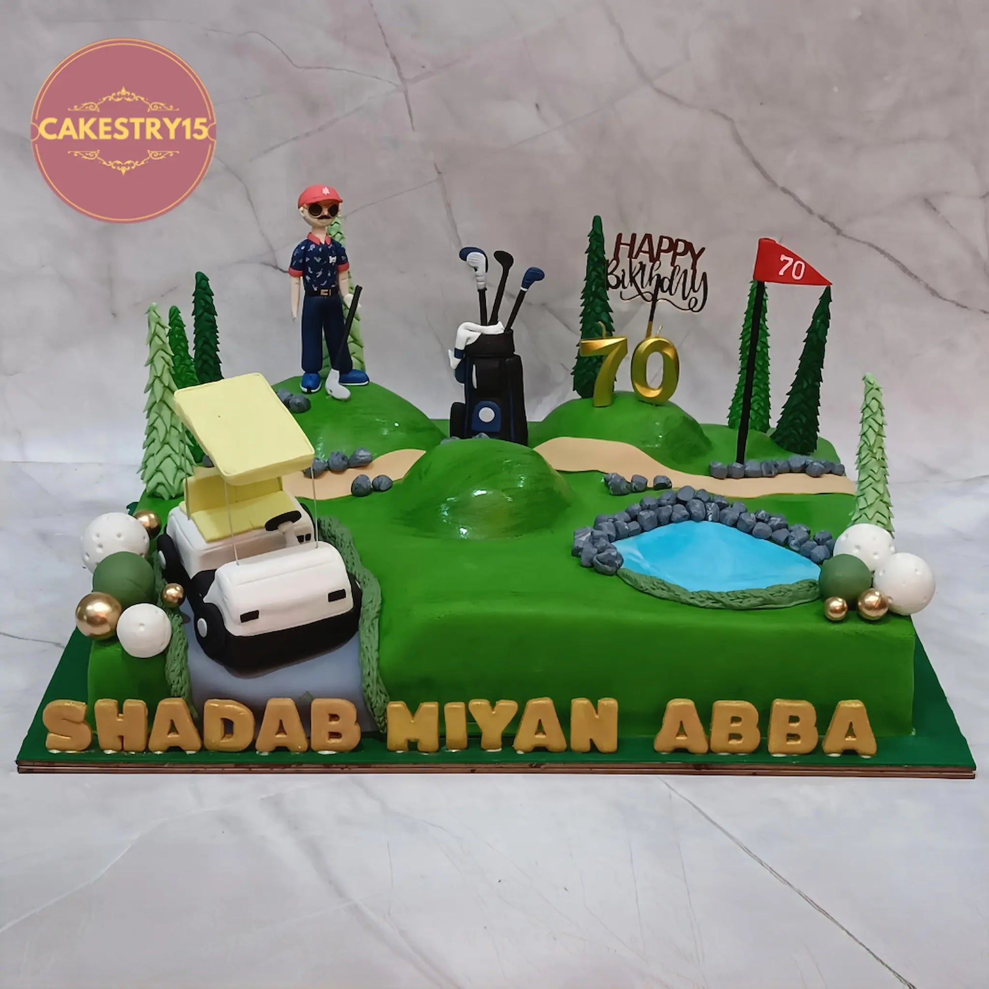 Golf theme 70th birthday cake with fondant golf course, figurine, golf cart and flag in chocolate flavour eggless cake Noida