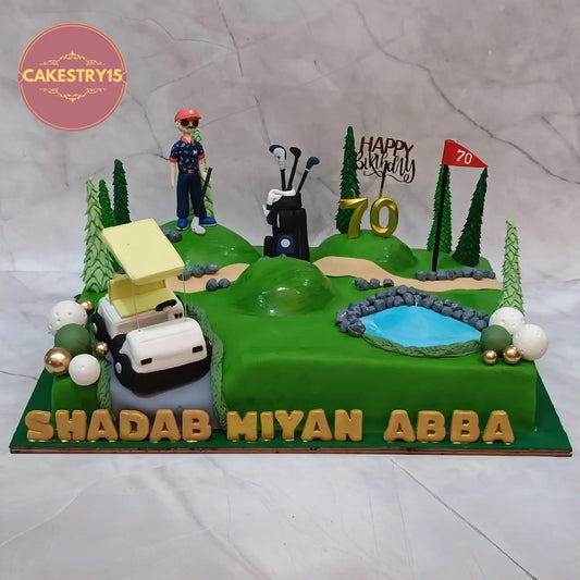 Golf theme 70th birthday cake with fondant golf course, figurine, golf cart and flag in chocolate flavour eggless cake Noida