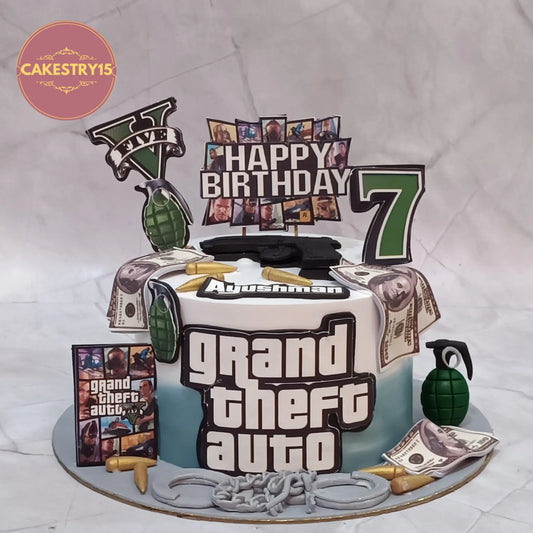 Grand Theft Auto themed kids birthday cake, premium theme cake Noida design made with eggless cakes