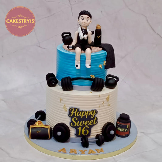 Gym theme cake for boy 16th birthday with weights and dumbbells, eggless black forest custom cake Noida by Cakestry15