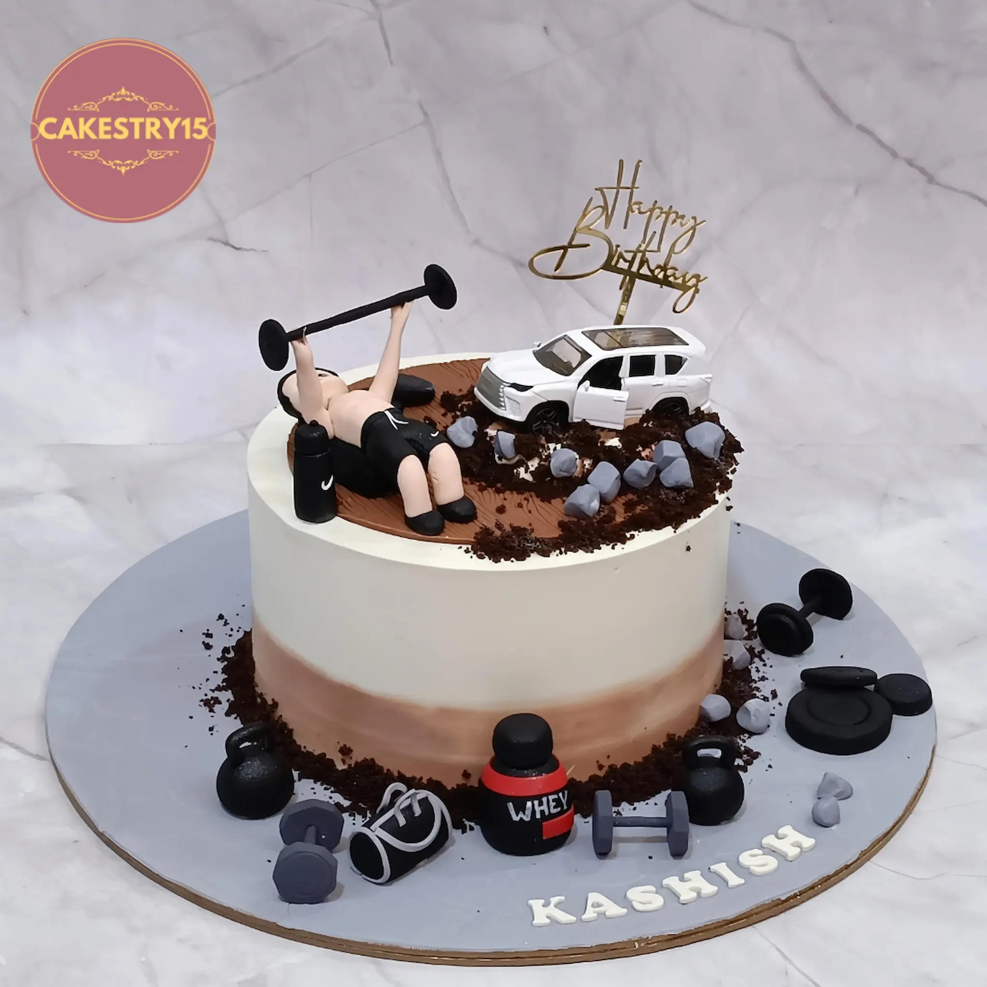 Gym theme chocolate birthday cake with Fortuner SUV design, eggless custom cake Noida by Cakestry15