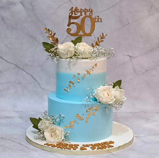 Elegant kids birthday cake style detailing adapted as a theme cake Noida design, showcasing premium eggless cakes for a 50th anniversary celebration.