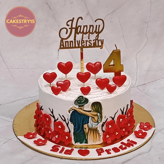 Happy anniversary theme cake with couple photo, a premium eggless cakes design ideal for celebrations and theme cake Noida