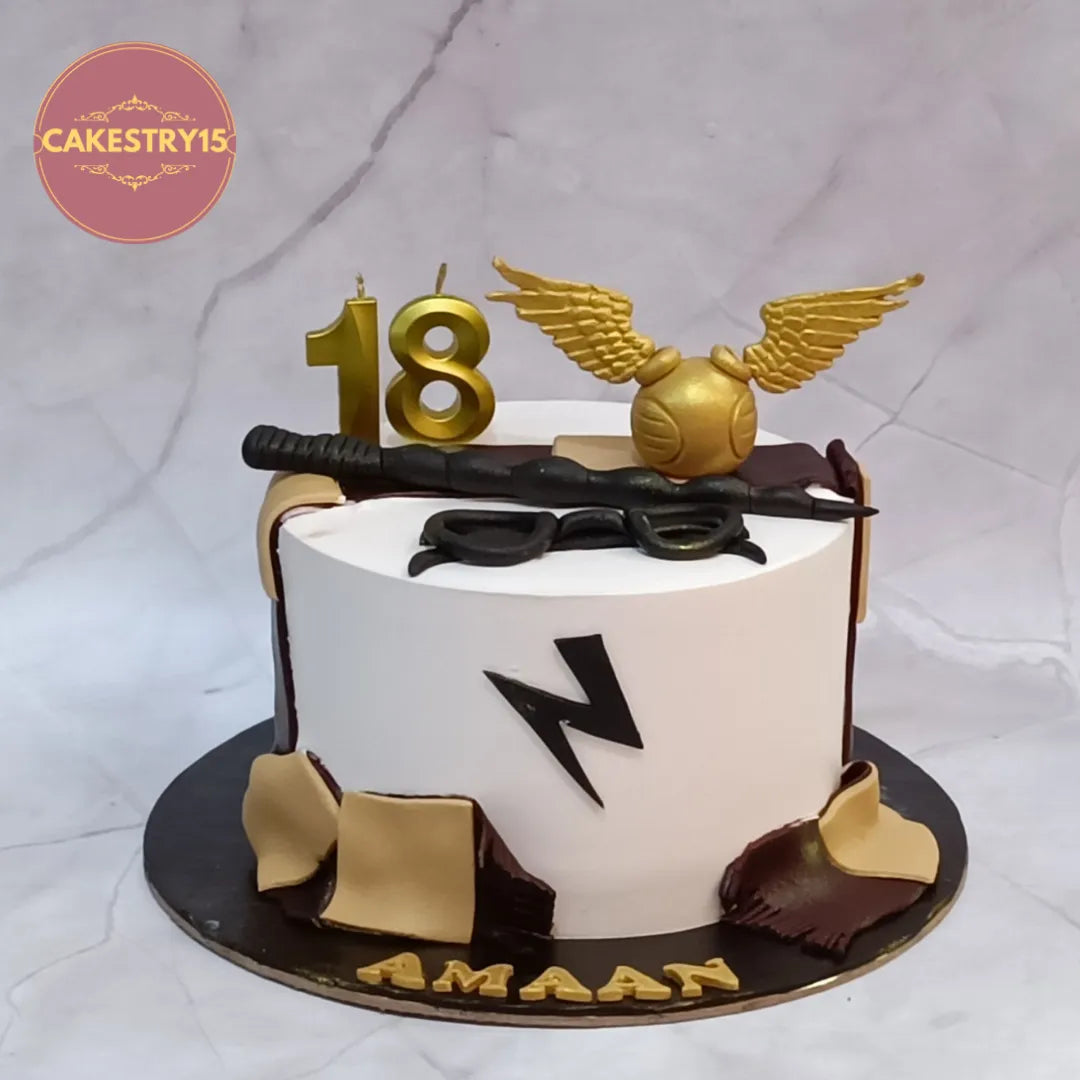 Harry Potter wizard theme kids birthday cake with magical detailing, premium eggless cakes and theme cake Noida by Cakestry15.