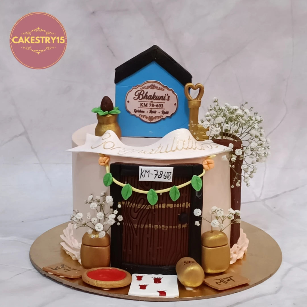 Home Blessings housewarming cake is a premium eggless cake design for griha pravesh celebrations and custom theme cake Noida occasions.