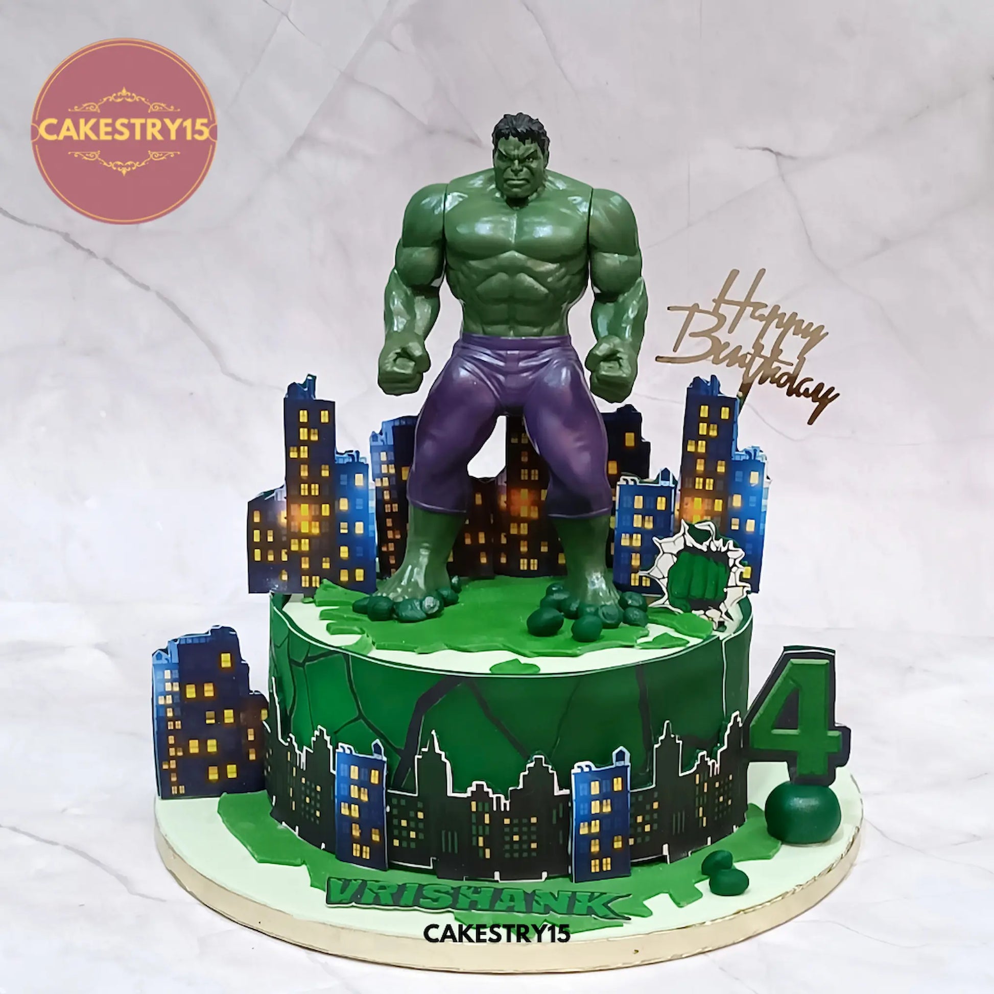 Eggless Hulk theme kids birthday cake with chocolate flavour and superhero design for 4th birthday celebration in Noida