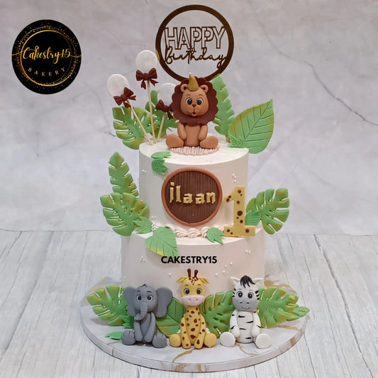 Ilaan’s 2kg chocolate birthday cake with jungle animals, 2-tier, lion on top, by Cakestry15
