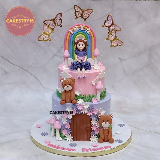 2kg eggless choco vanilla welcome baby girl cake with figurines, teddies, and rainbow by Cakestry15