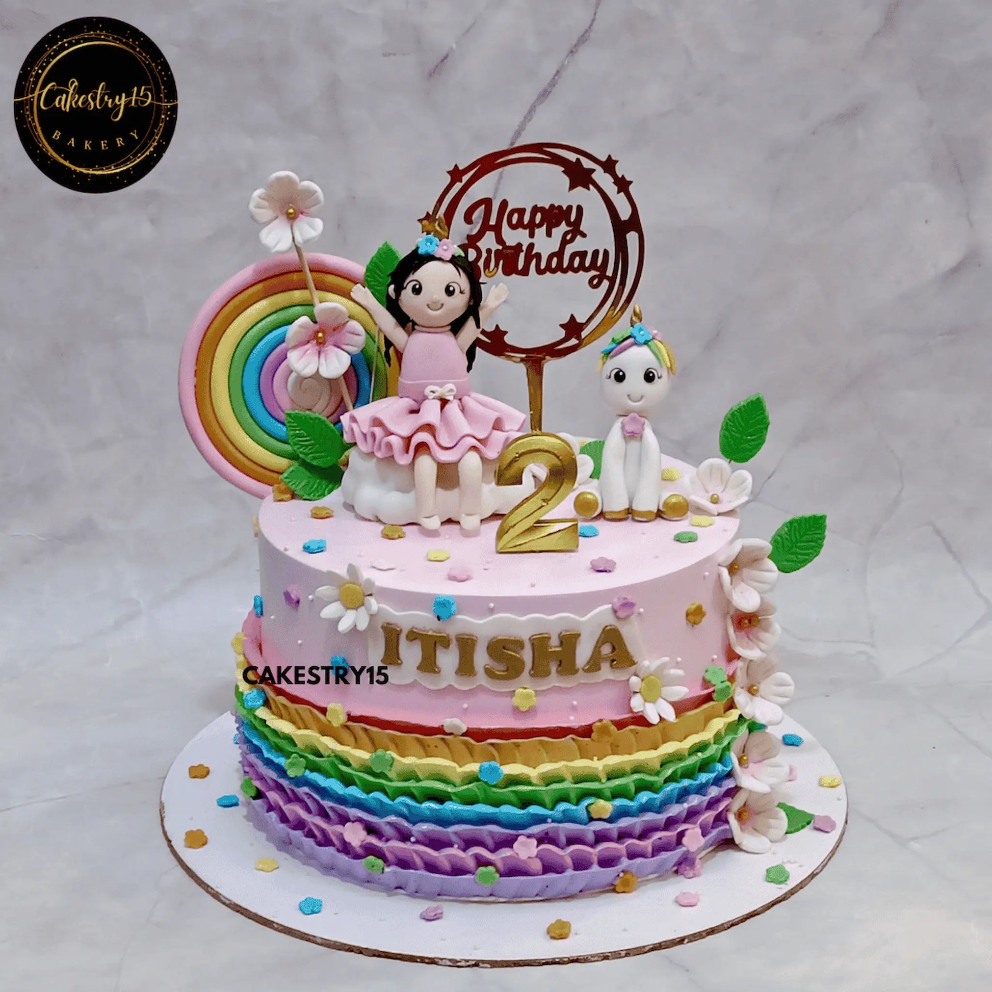 2kg black forest unicorn and cloud theme birthday cake for 2-year-old girl Itisha by cakestry15,best bakery noida
