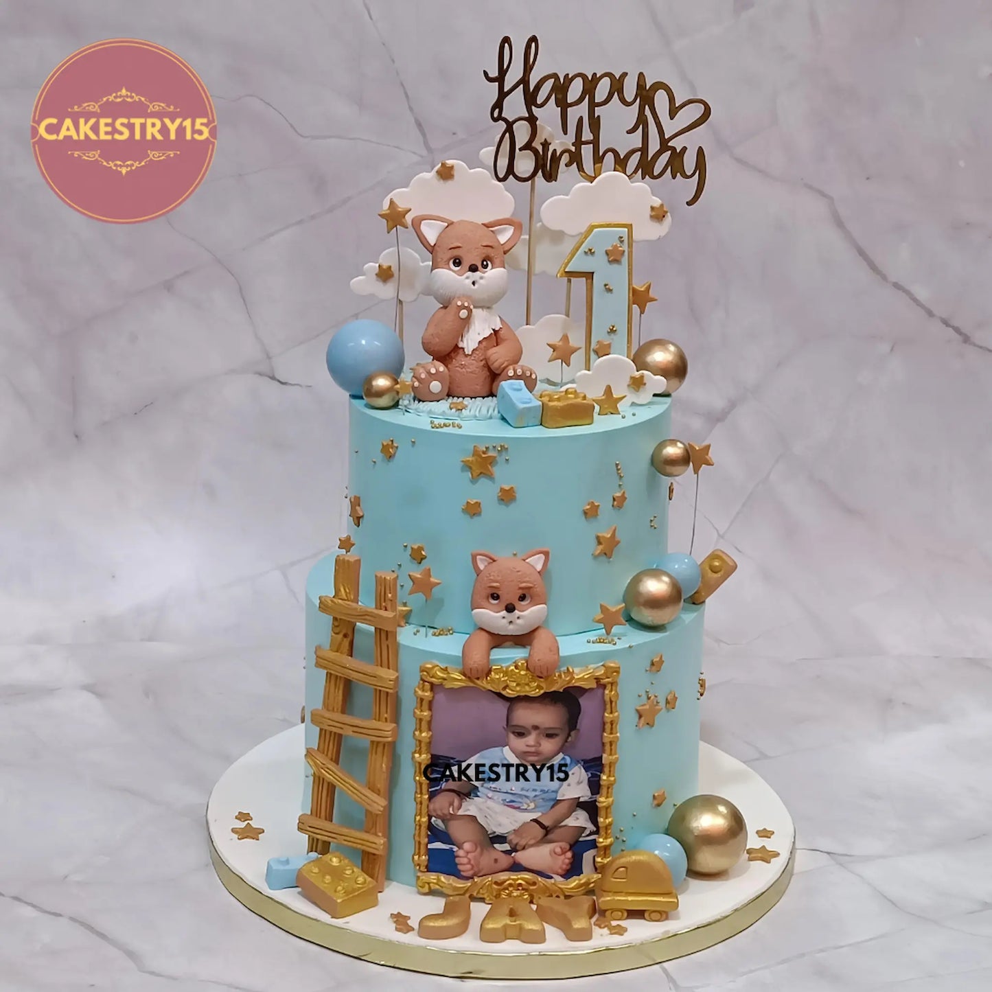 3kg two-tier cat theme black forest cake with baby photo frame from Cakestry15 in Noida