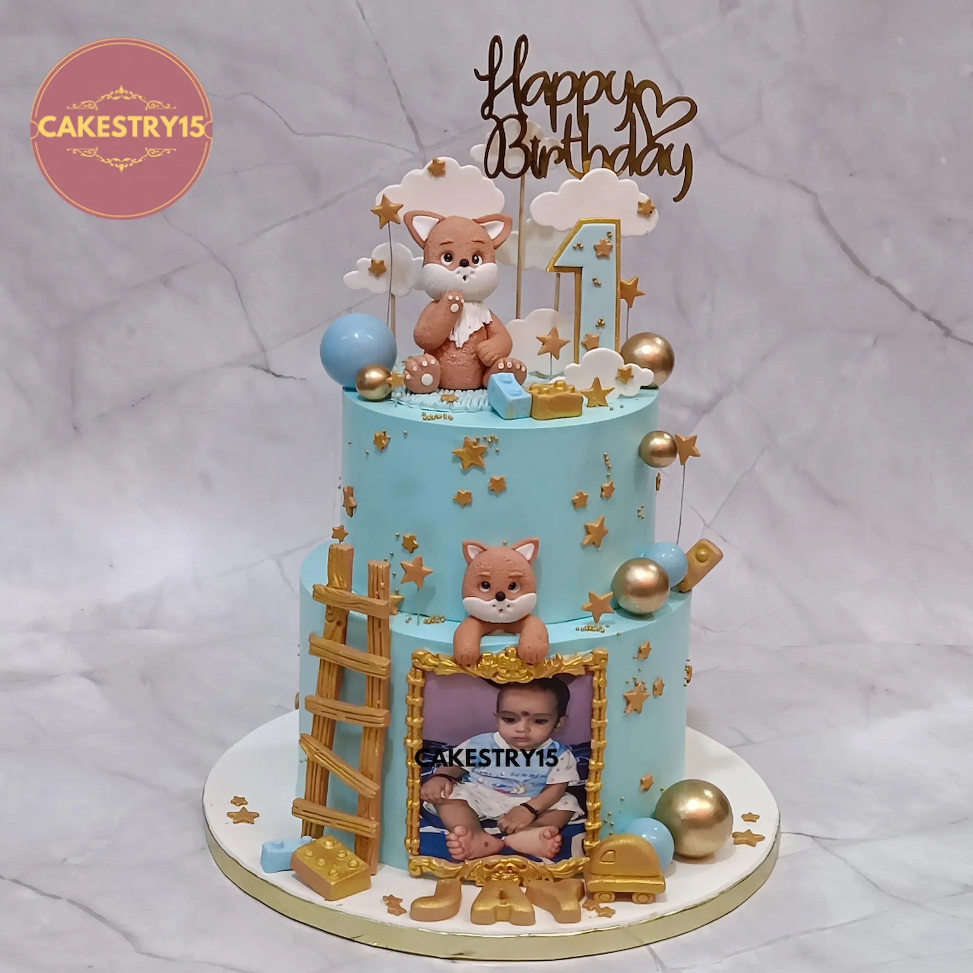 3kg two-tier cat theme black forest cake with baby photo frame from Cakestry15 in Noida