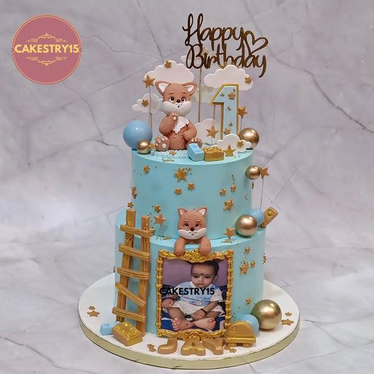 3kg two-tier cat theme black forest cake with baby photo frame from Cakestry15 in Noida