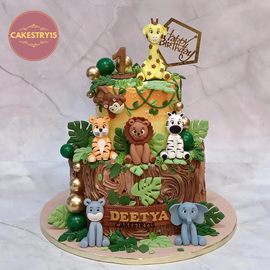 Eggless jungle theme kids birthday cake with safari animals and choco vanilla flavour by Cakestry15, premium theme cake Noida for first birthdays.