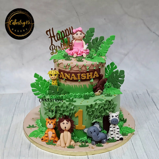Eggless jungle adventure kids birthday cake with jungle animals and blueberry flavour, perfect theme cake Noida celebrations.