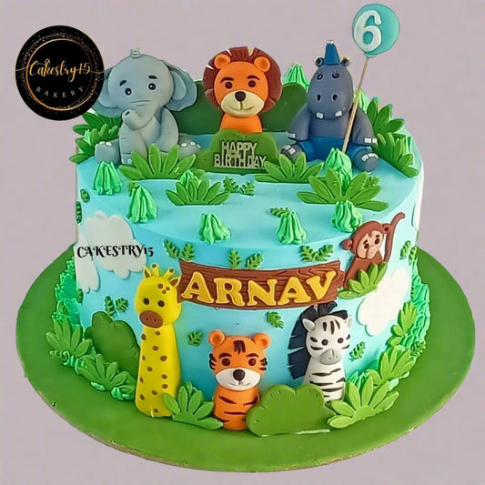 Eggless jungle family kids birthday cake with safari animals, premium theme cake Noida for birthday celebrations.