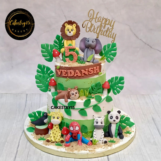 3kg chocolate jungle theme birthday cake with Spiderman and animal figures
