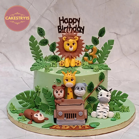 Jungle theme kids birthday cake with jeep safari design, a premium theme cake Noida from eggless cakes collection