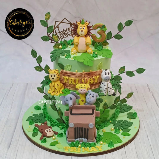 Eggless jungle jeep safari kids birthday cake with jungle animals and premium theme cake design in Noida