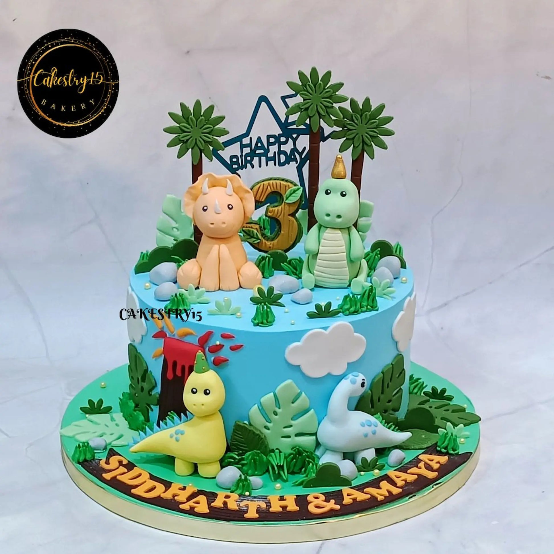 Eggless Jungle Jurassic kids birthday cake with dinosaur theme styling and jungle detailing for theme cake delivery in Noida.