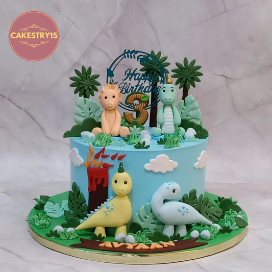 Jungle Jurassic kids birthday cake with dinosaur theme styling, premium eggless cakes and theme cake Noida design.