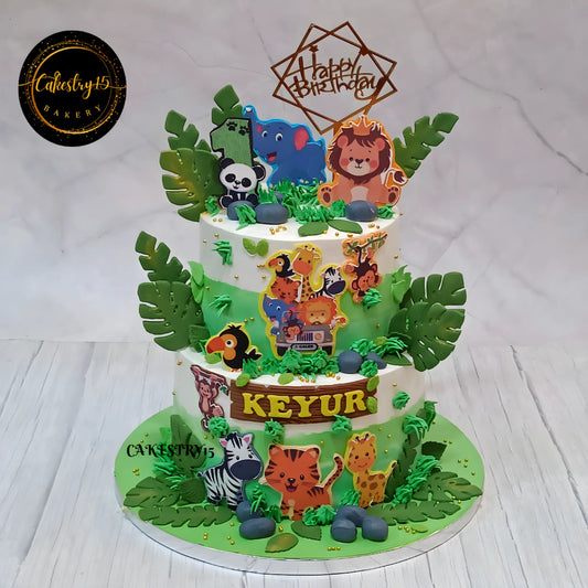Premium jungle kids birthday cake and eggless theme cake Noida for first birthday celebrations with safari animals and greenery.