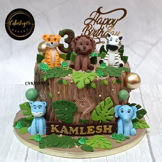 Eggless Jungle Lion kids birthday cake with jungle animals and fondant detailing for premium theme cake Noida celebrations.