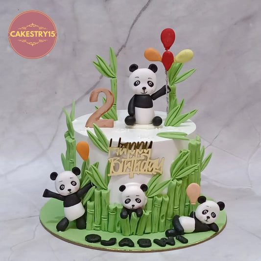 Jungle panda kids birthday cake theme cake Noida with fondant pandas eggless cakes for 2nd birthday celebration