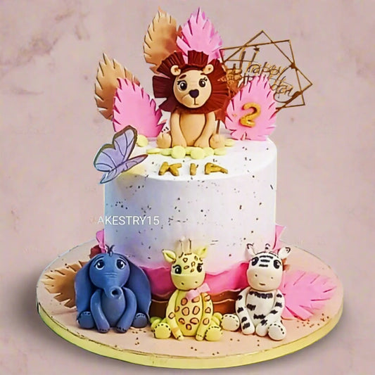 Premium jungle party kids birthday cake with fondant animals, perfect as a theme cake Noida design from Cakestry15 eggless cakes collection.