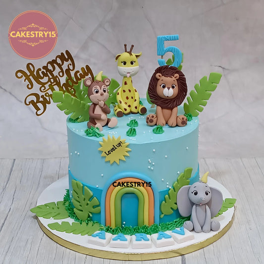 Jungle theme kids birthday cake with animal toppers, premium theme cake Noida, eggless cakes for kids