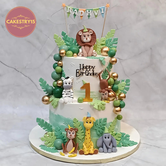 Jungle safari kids birthday cake, theme cake Noida with animal toppers, premium eggless cakes for first birthday celebration
