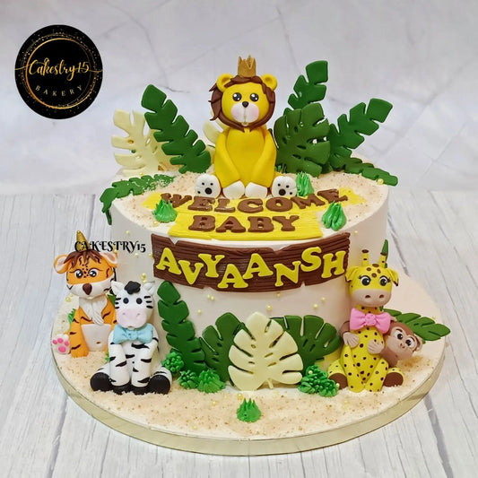 Eggless jungle safari kids birthday cake with fondant animals, premium theme cake Noida for celebrations and custom parties.