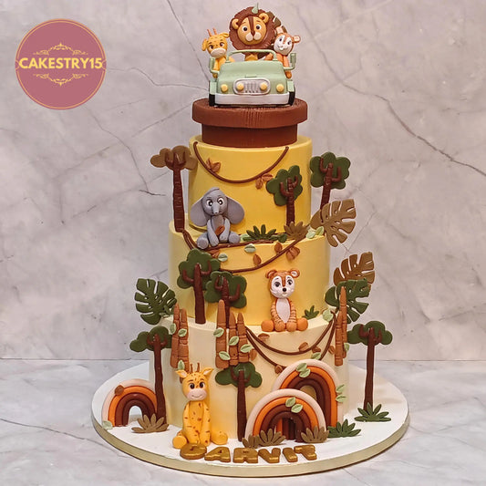 3 tier jungle theme first birthday cake with safari animals jeep rotator eggless chocolate cake Noida for kids celebration