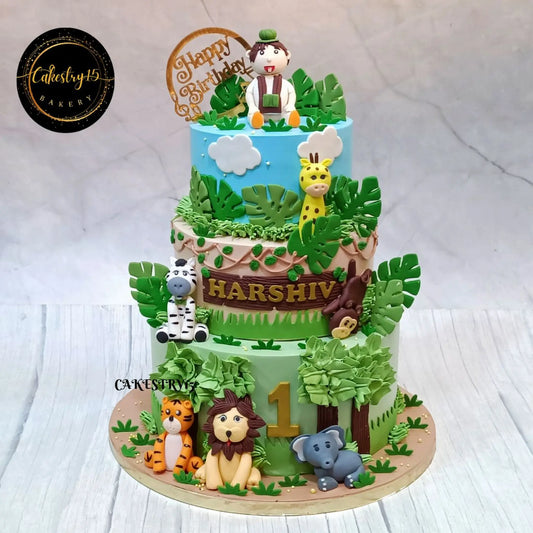 Eggless jungle theme kids birthday cake with safari animals for first birthday celebration in Noida and Delhi NCR.