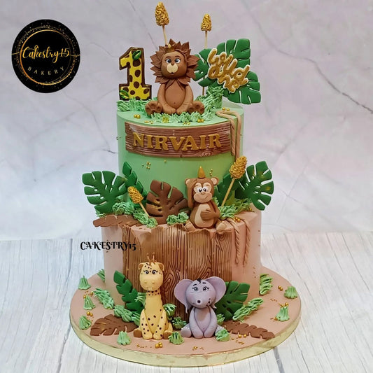 Jungle Wild kids birthday cake with safari animals and greenery, premium eggless cakes and theme cake Noida for first birthday celebrations