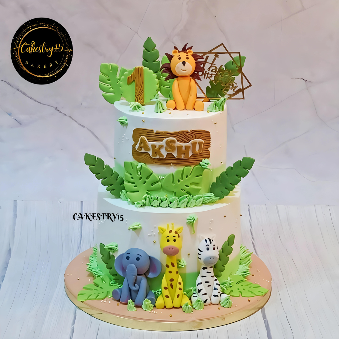 jungle theme 2tier 3kg size pineapple flavor 1st birthday cake by cakestry15 noida,full image