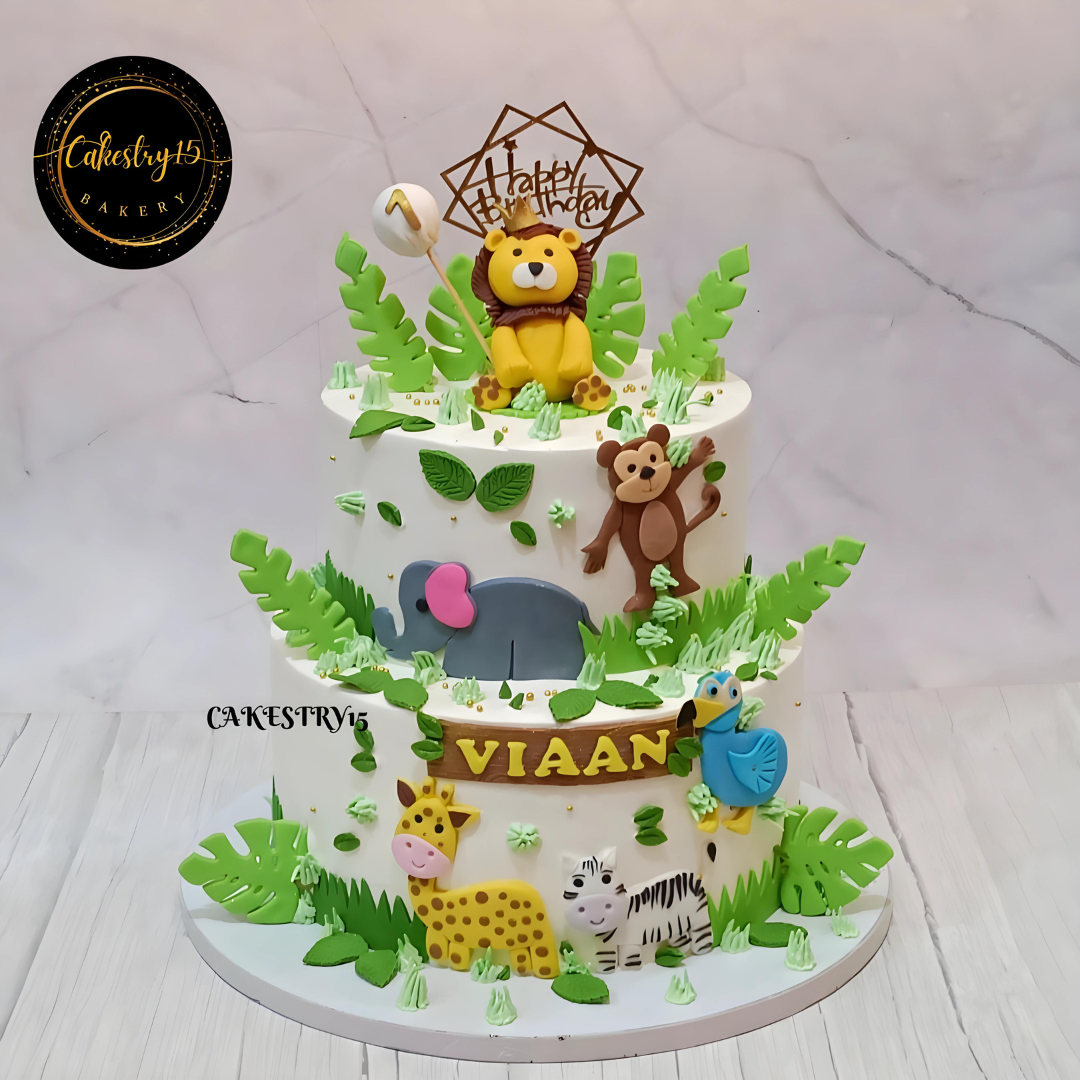 jungle theme 3kg size 2tier butterscotch flavor 1st birthday cake by cakestry15 noida,full image