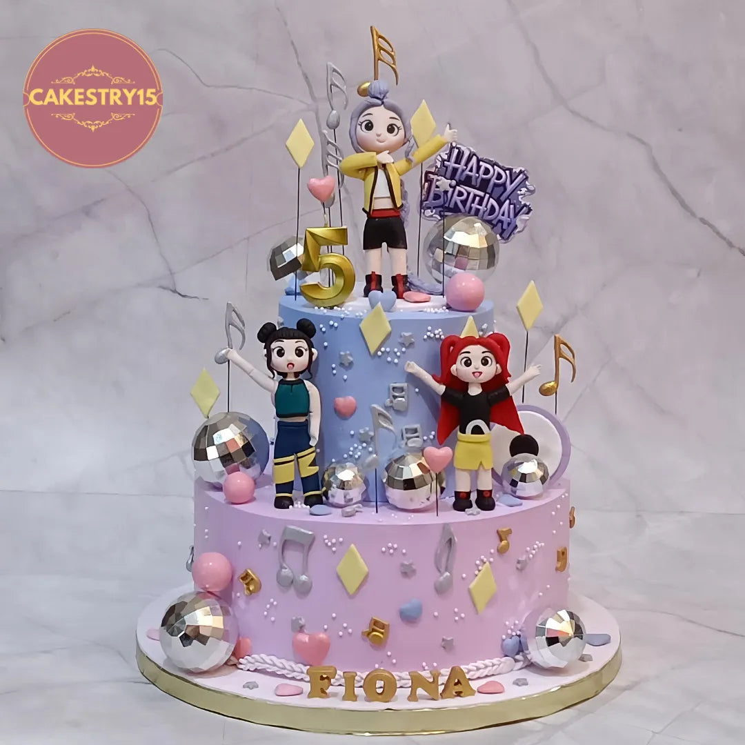 K Pop concert theme kids birthday cake with disco balls and musical notes, premium theme cake Noida from Cakestry15 eggless cakes collection.