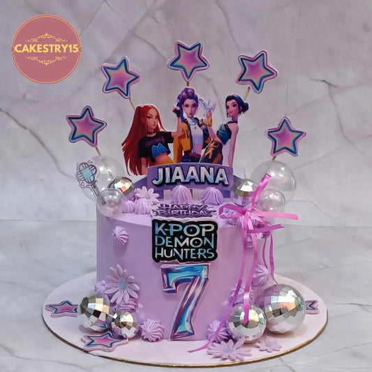 K Pop Demon Hunters kids birthday cake with lavender icing and edible toppers, premium eggless cakes and theme cake Noida design.